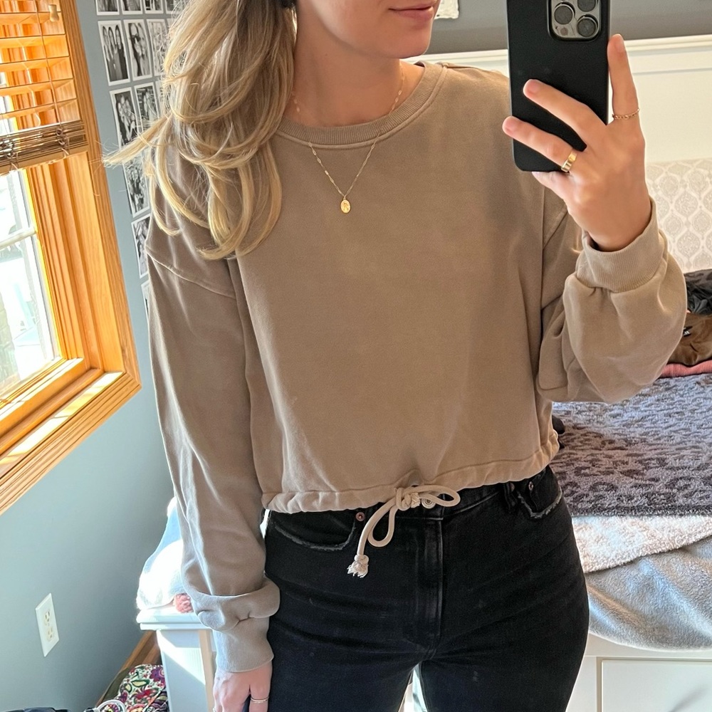 Crop Front Tie Tan Crewneck Sweatshirt